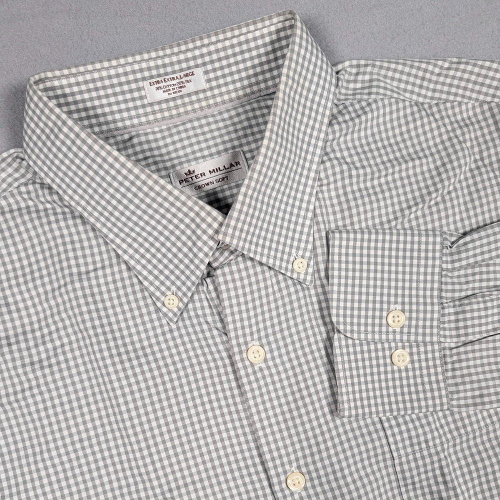 Peter Millar Crown Soft Shirt Mens XXL Grey Gingham Cotton Silk Button Down - Picture 1 of 8